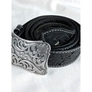 3D BRAND Mens Belt Large Filigree Buckle Black Tooled Cut Out Western Rodeo